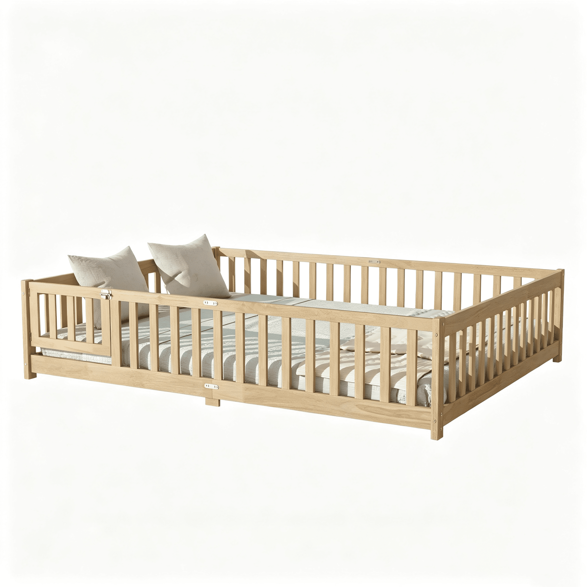 Queen Size Rubber Wood Montessori Floor Bed with Full Surround Safety Guardrails & Access Door, 7 Plywood Slats Support, No Box Spring Needed, 500LBS Capacity for Kids Bedroom
