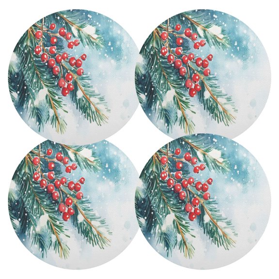 Ryvnso Christmas Berry Snowflakes Round Plate Mats Dining Table Placemat Set of 4 for Holiday Decoration
