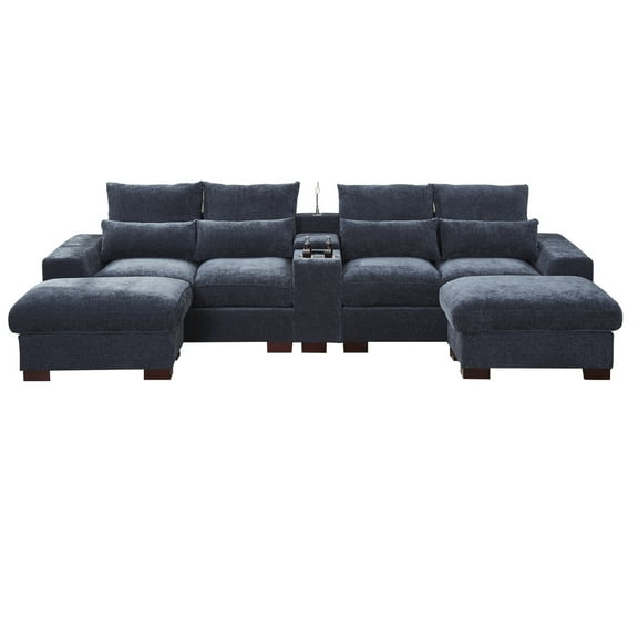Hybition Sectional Sofa with 2 ottoman, Chenille Living Room Set, LED Light, Wireless Charging, Storage Console, Cup Holder-Color:Dark Grey