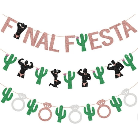 Final Fiesta Rose Gold Glitter 3-Layer Banner with Cactus Male Dancer & Diamond Ring Cutouts, Mexican Bachelorette Party Supplies