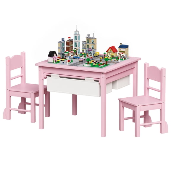 Pirecart 4 in 1 Kids Building Block Play Table & 2 Chairs, Toddler Wooden Activity Desk, Pink