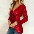thumbnail image 6 of Lenpel Women's Sequin Velvet Tops Long Sleeve Wrap V Neck Asymmetrical Hem Ruched Slim Dressy Casual Blouses Velour Tunic Shirts(Red,X-Large), 6 of 6