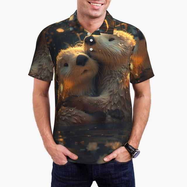 Balery Adorable Otter Pair Hug Camisa Polo de Hombre con Estampado, de Manga Corta y Tejido Medio, Camisa Tipo Golf Polo-Large
