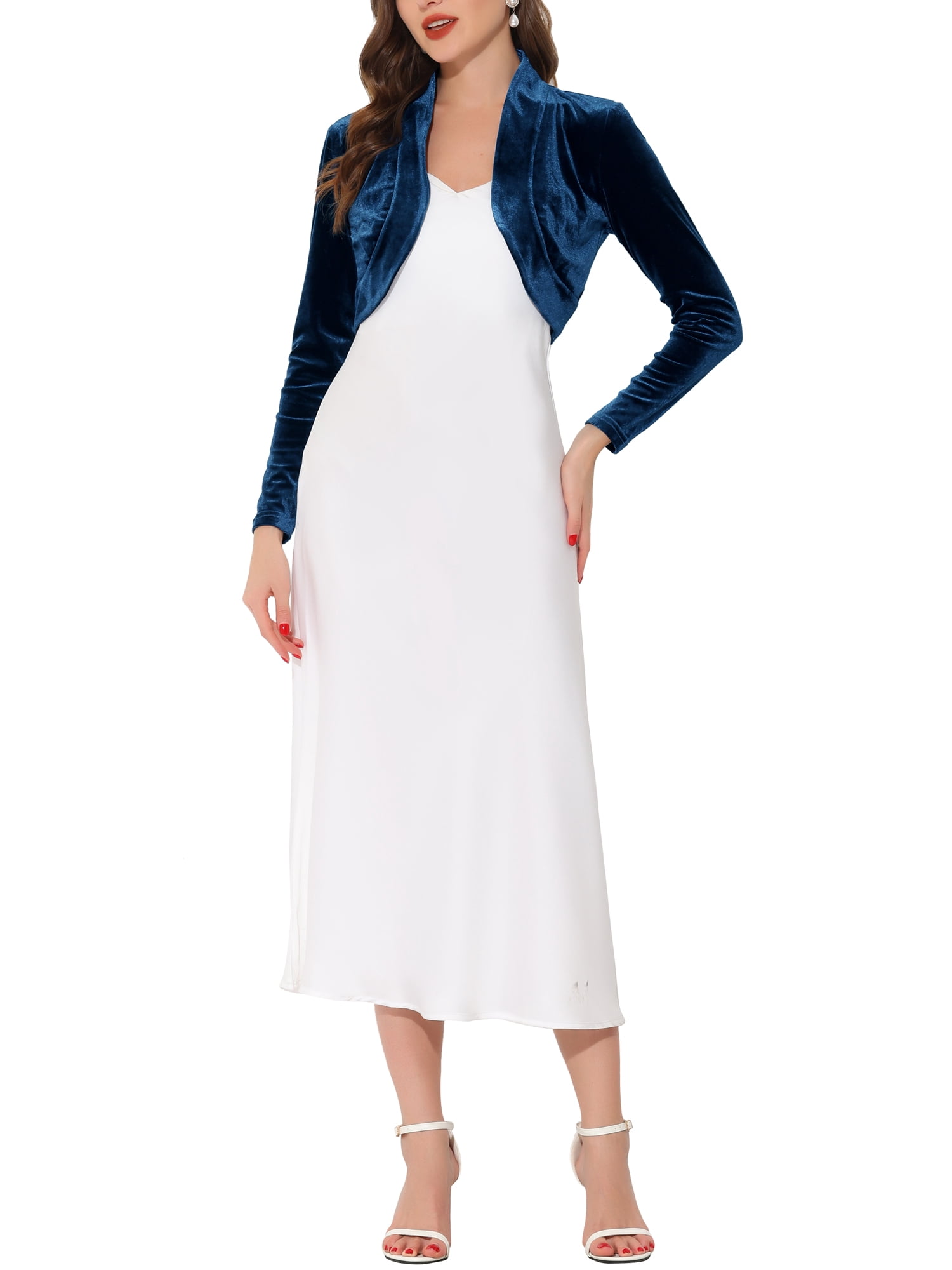 DARING DIVA Women's Velvet Open Front Cropped Bolero Cardigan M Dark Blue
