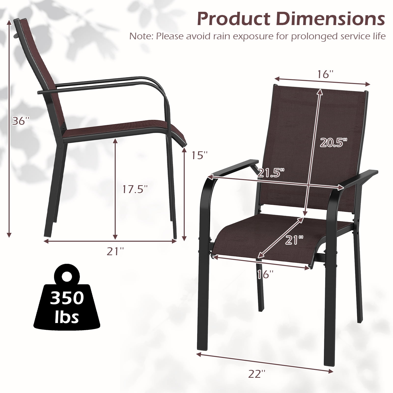 Gymax Patio Dining Chairs Set of 2 Stackable Outdoor Armchairs w/Metal FrameBackrest