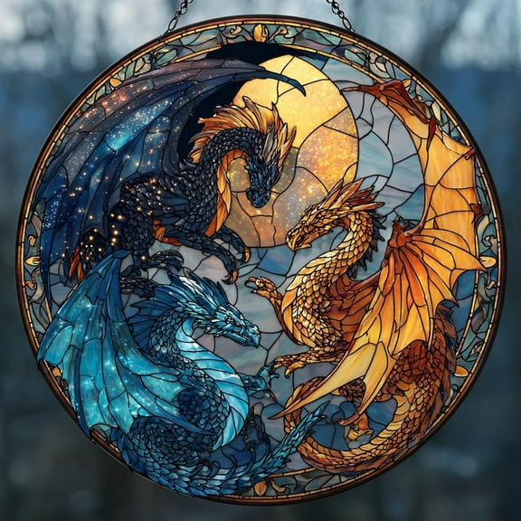 Fourth Wing Dragon Suncatcher – Tairn & Andarna Faux Stained Glass Ornament – Book Lover Gift – Onyx Storm Decor – Fantasy Holiday Gift