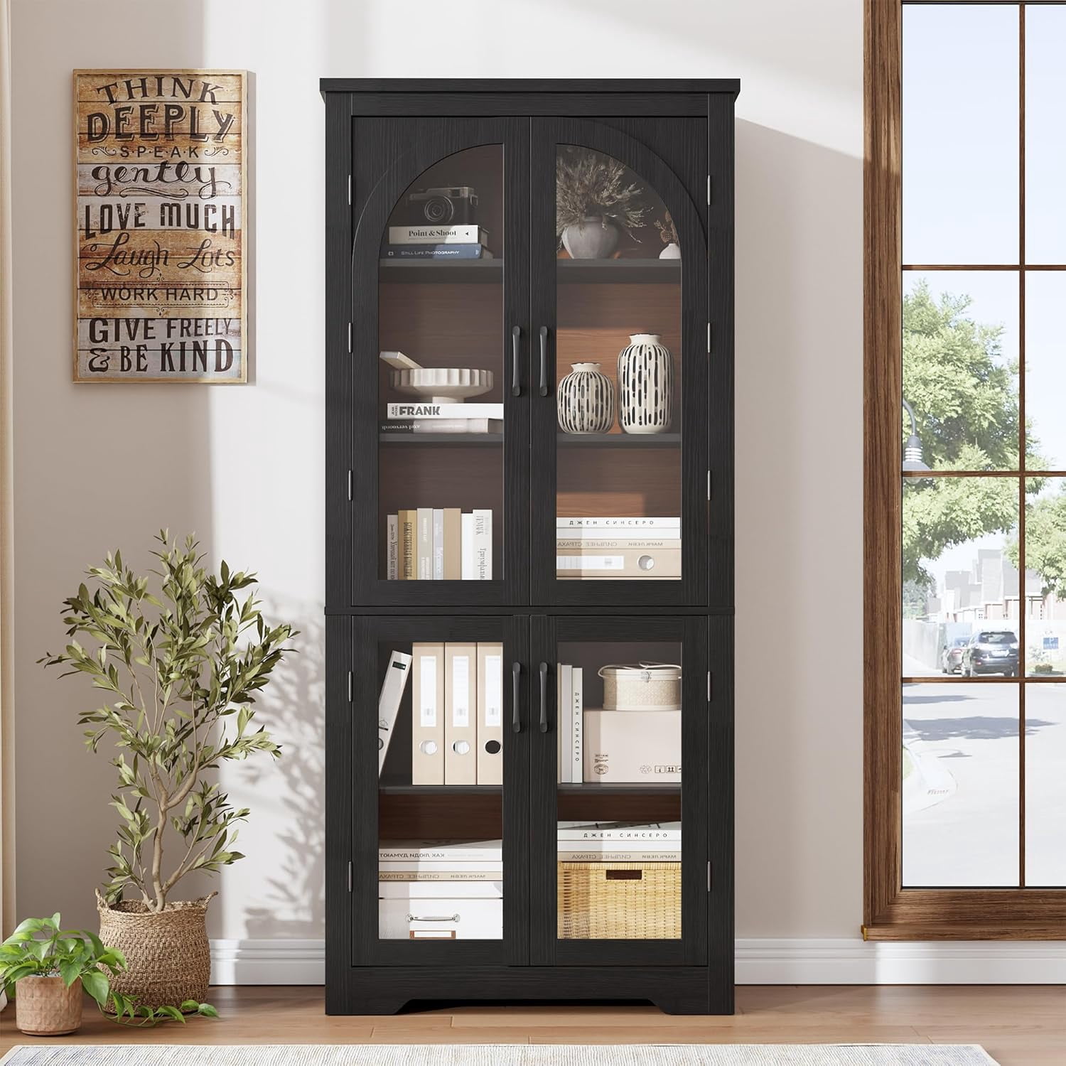 70" Tall Kitchen Pantry Storage Cabinet with Glass Doors, Farmhouse Cupboard with Adjustable Shelves, Freestanding Food Pantry for Kitchen, Dining, Living Room