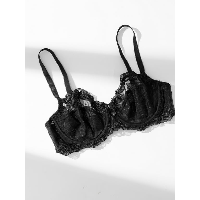 Deyllo Women's Sheer Lace Non Padded Full Cup Underwire Plus Size Bra,  Black 44G