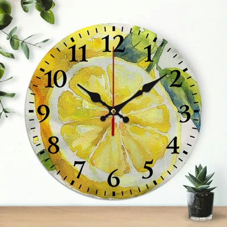 ZFLMY Round Wooden Wall Clock for Home Decor, Lemon Slice Print, Silent Mechanical Movement, Ideal for Living Rooms, Kitchens, Dorms, Everyday Gifts 10x10in