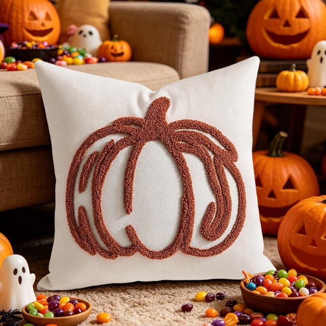 Fall Halloween Pumpkin Tufted Throw Pillow Cover Embroidered Decorative Cushion Cover Holiday Couch Sofa Bed Home Decor Pillowcase