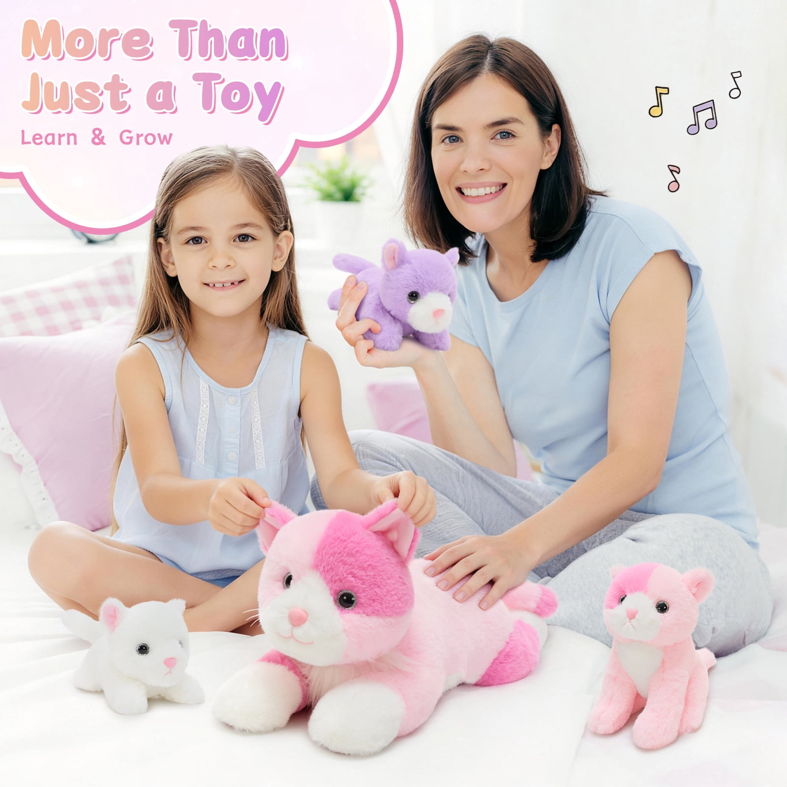 MaoGoLan 4 Piece Cats Stuffed Animals 13.8 inch Mom Plush Cat with 3 Kittens Stuffed in Zipper Pouch