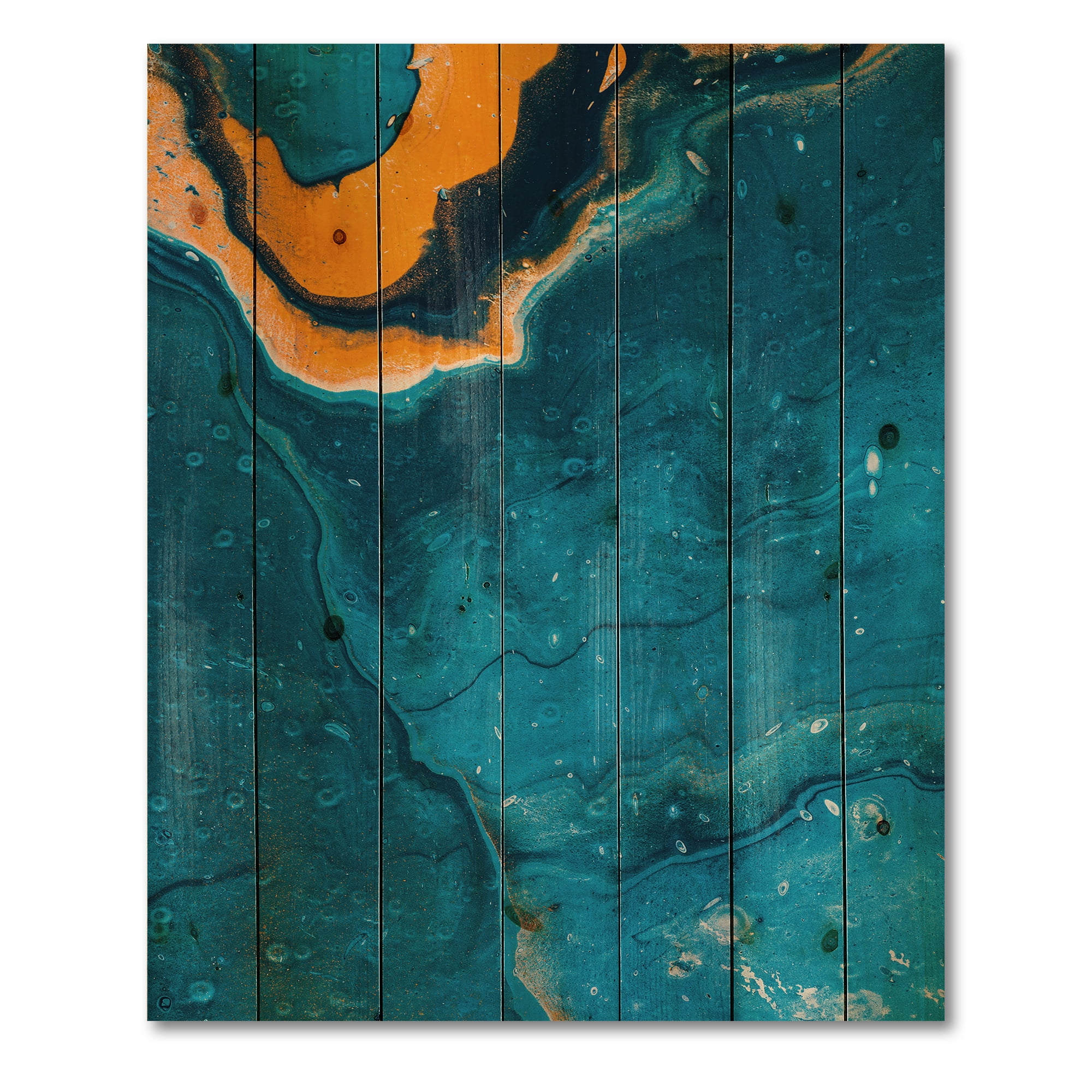 Designart 'Abstract Marble Composition In Orange and Blue III' Modern Print on Natural Pine Wood