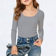 thumbnail image 2 of HNMKIU Girls Long Sleeve Shirts Ribbed Layering Tops U Neck Slim Fit Basic Tee Undershirts Soft Stretchy For Ages 5-16 Years Grey,5-6 Years, 2 of 5