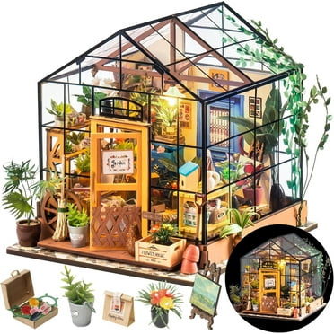 DIY Miniature House Kit Greenhouse, Tiny House Kit for Adults to Build, Mini House Making Kit with Furniture, Halloween/Christmas Decorations/Gifts for Family and Friends (Cathy's Greenhouse)