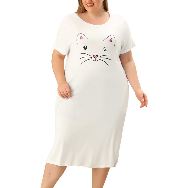 Women's Plus Size Nightgown Cat Print with Pocket Sleep Dress Sleepwear Milk White 2X