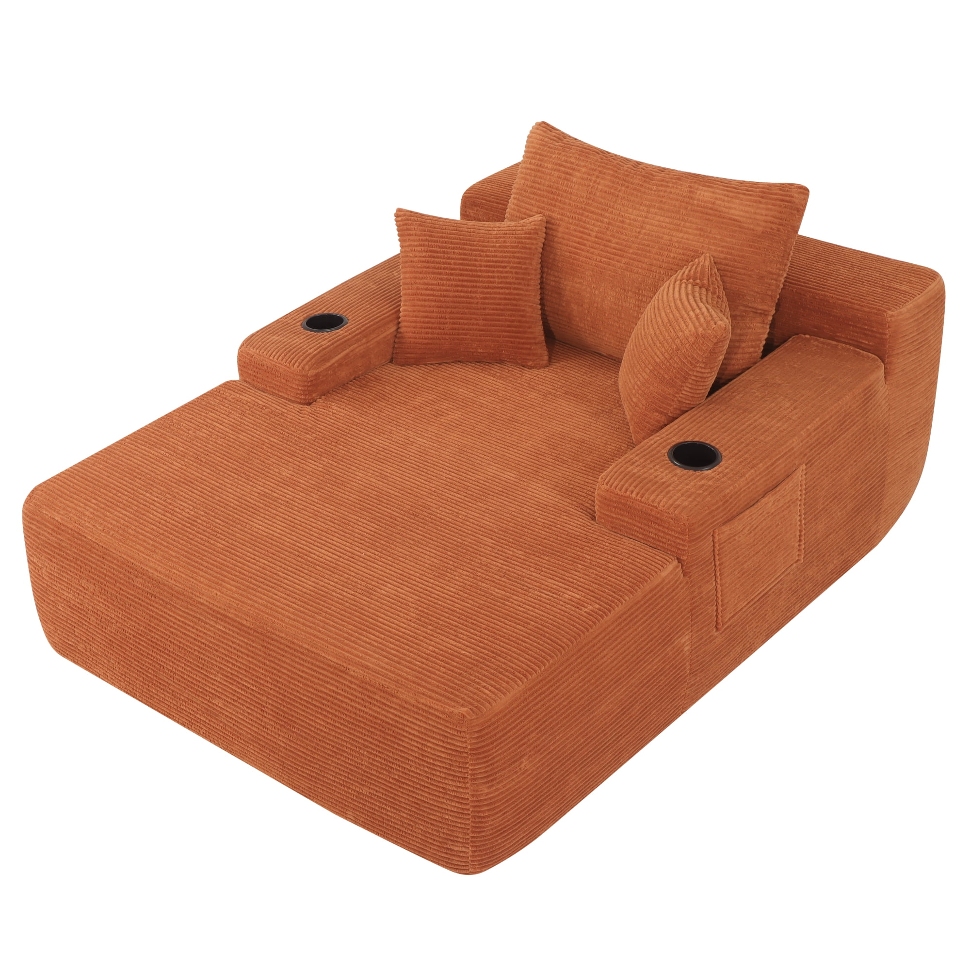 Leumius Oversized Chaise Lounge Chair Indoor,Upholstered Corduroy Cloud Couch Boneless Sofa Bed with Wide Armrest & Throw Pillows,Cup Holder for Living Room,Bedroom,No Assembly Required,Orange