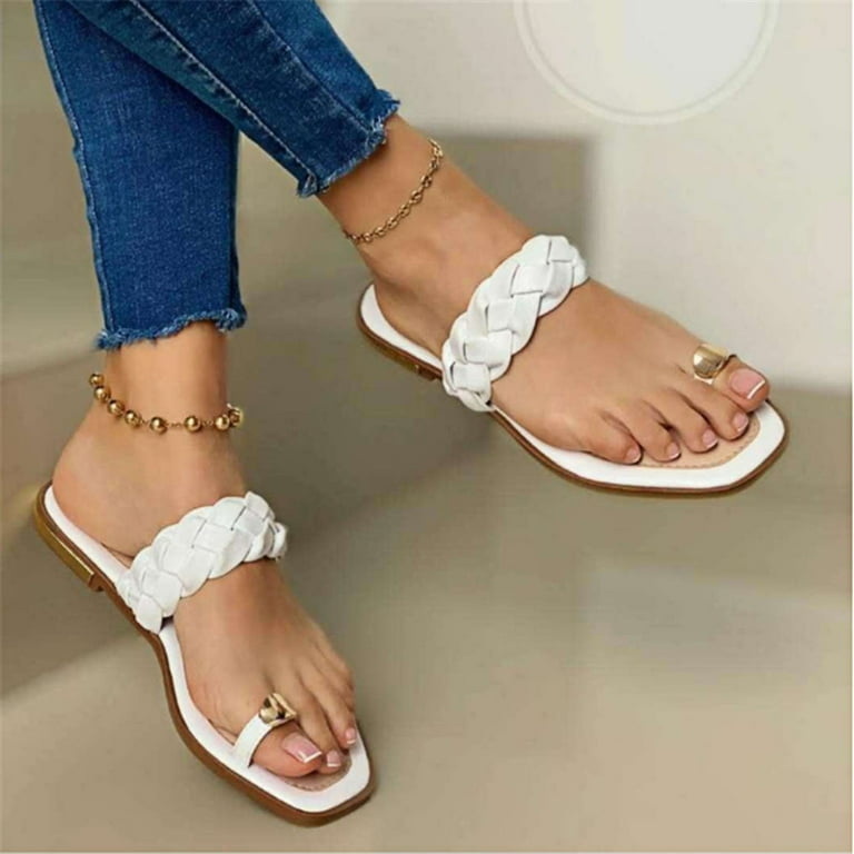 Porfeet Women Summer Casual Slip on Flat Beach Wedding Dress Braid Sandals Walking Shoes White 40