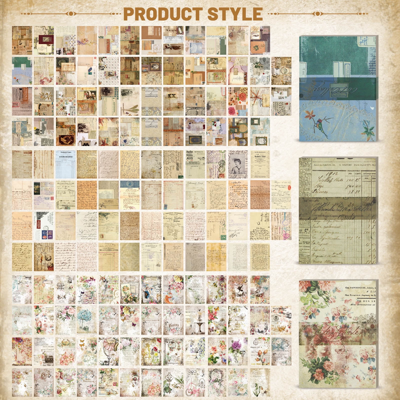 Sekonow 600 Sheets Scrapbook Paper, Vintage Scrapbooking Supplies for Journaling Junk Journal Craft Decoupage Paper, Wall Collage Kit Cottagecore Aesthetic Room Decor Vintage Decor, Style A
