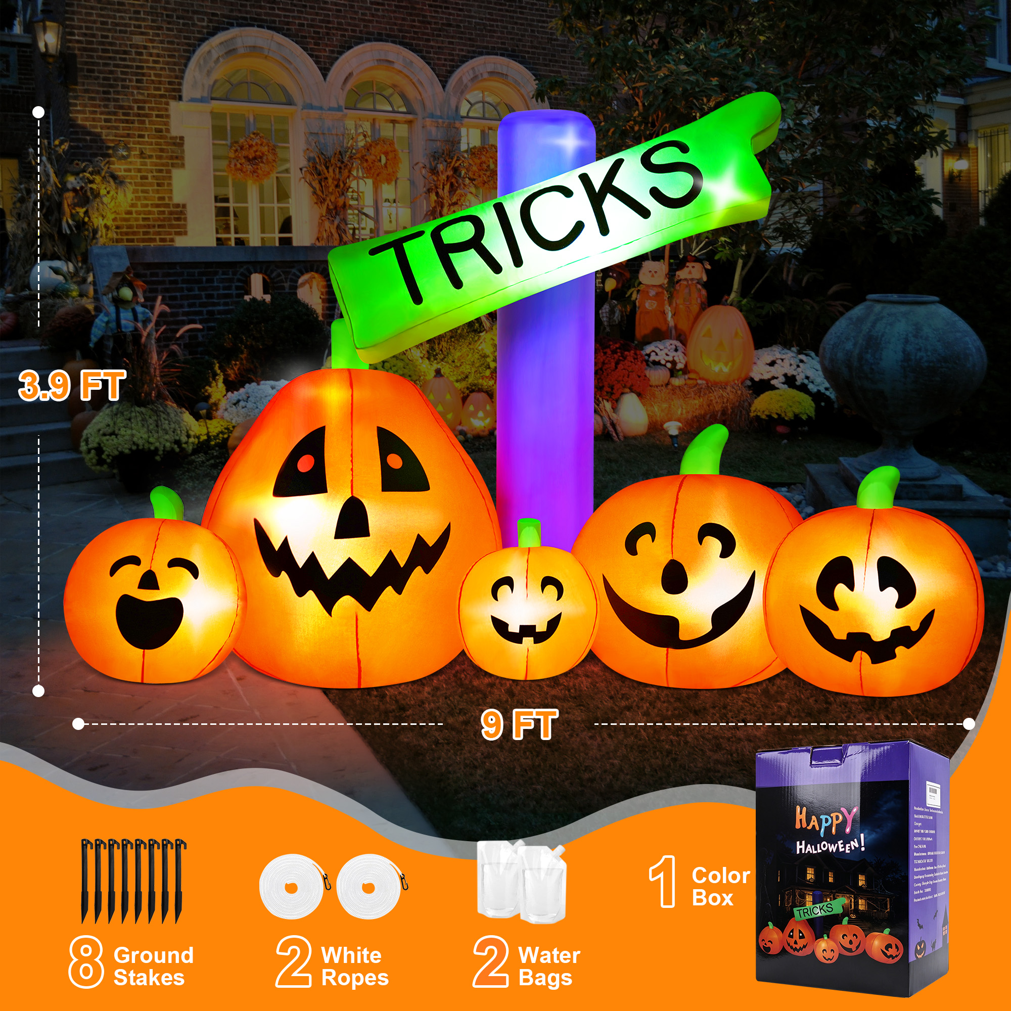 Yexmas 9 Ft Halloween Inflatable with Tricks Sign and Pumpkins photo 3
