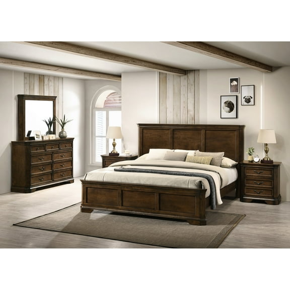 Traditional Antique Walnut Bedroom Furniture For Queen: Bed, Dresser, Mirror, 2 Nightstands Walnut, Panel Dresser With Visible Wood Grain,
