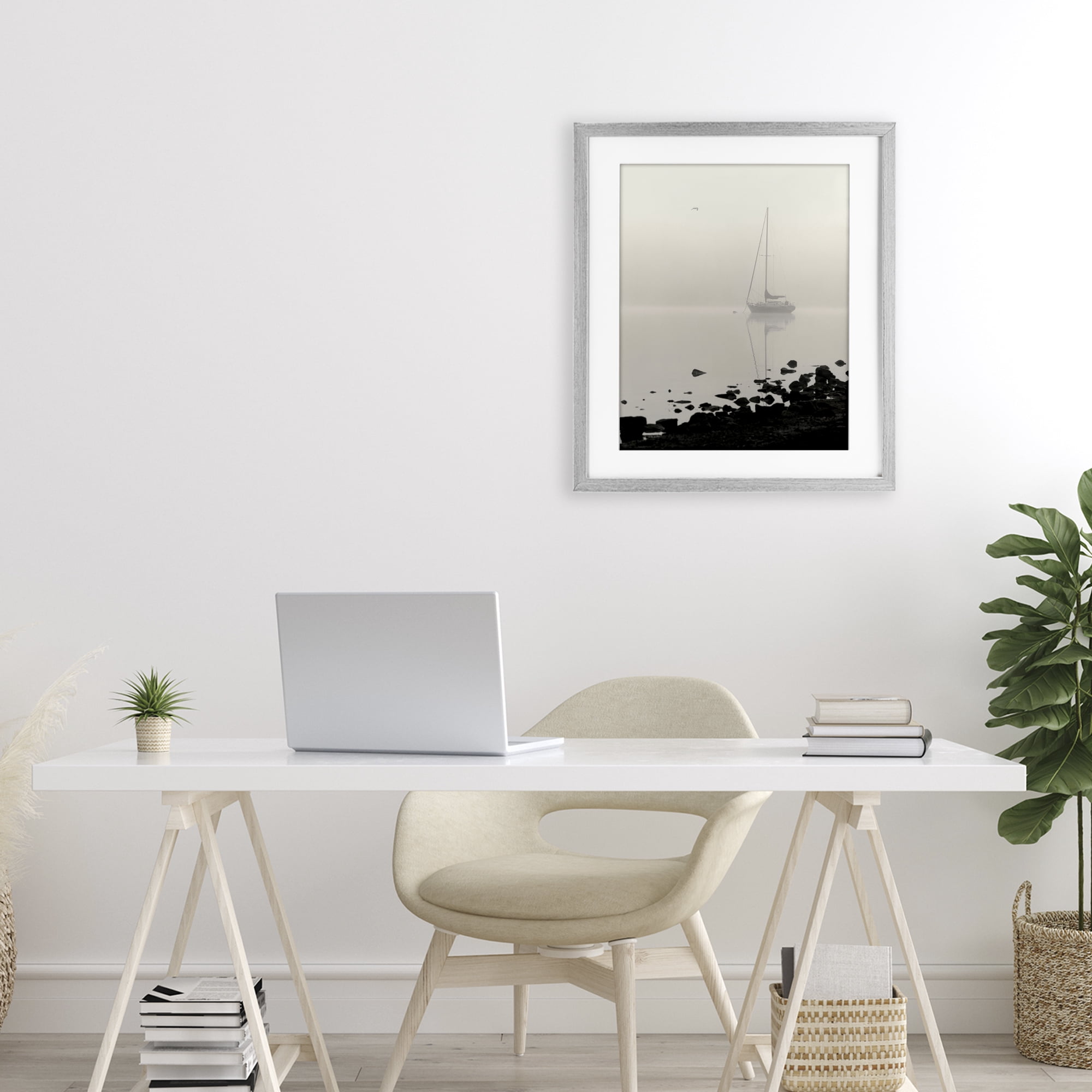 Stupell Industries Moored In Fog Gray Framed Print Under Glass, design by Nicholas Bell