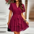 thumbnail image 5 of YNIQUE Women's Casual Dress V-Neck Short Sleeve Waist Tie Ruffle Chiffon Elegant Short Dresses, 5 of 7