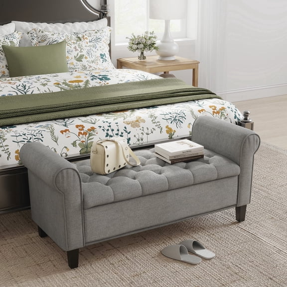 HOMCOM 50" Storage Ottoman Bench, Upholstered End of Bed Bench with Hidden Storage, Velvet Seating Bench with Rolled Arms and Button Tufted Design, Gray