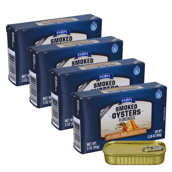 FSSTAM Canned Gourmet Smoked Oysters in Sunflower Oil with Carrots Onions Red Chili Peppers, Ready to Eat Snack Quick Meal, 3 oz. Easy Open Can, Pack of 4(with Exclusive FSSTAM Booskie)