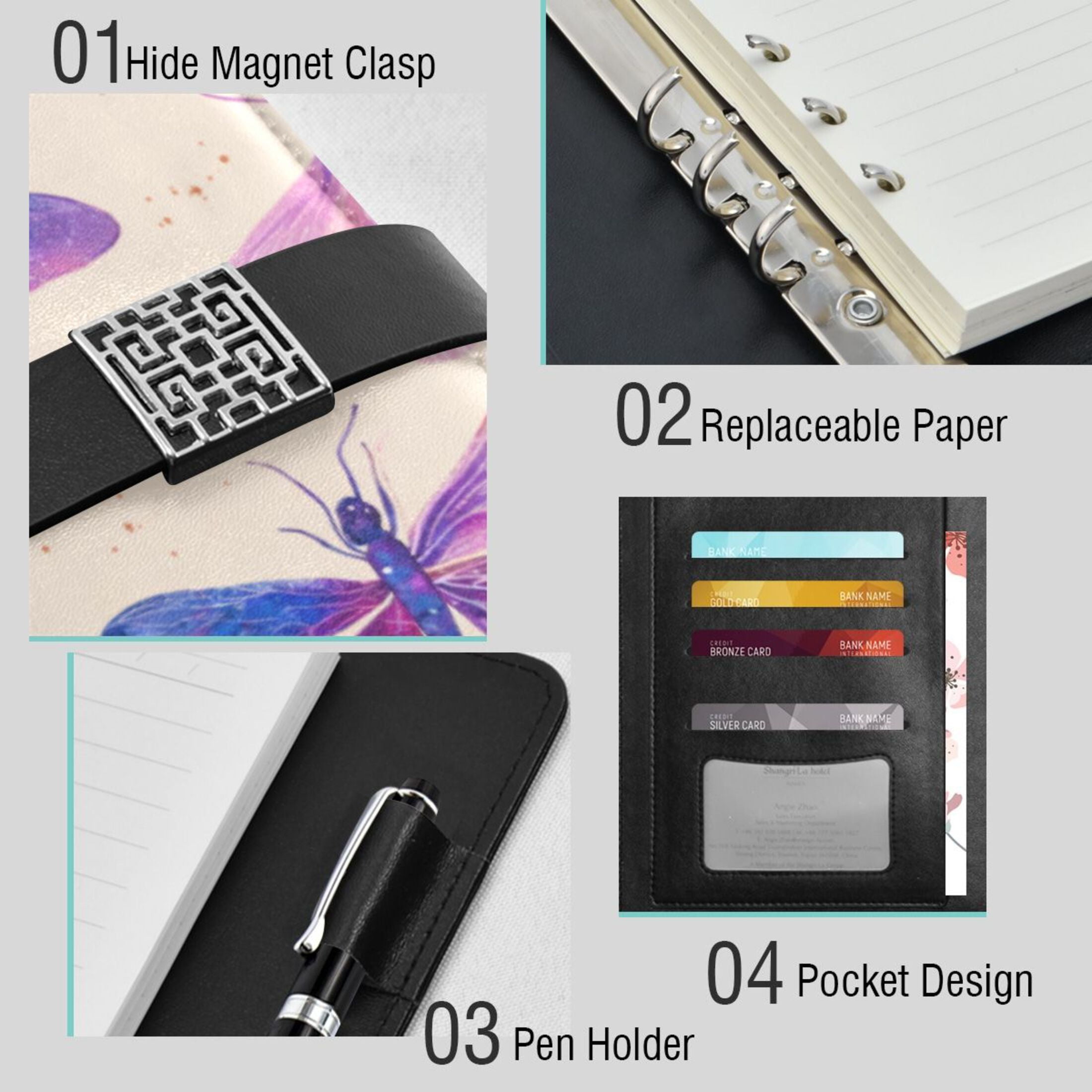 Leather Planner Leather Notebook Notebook Journal Binder Design Pen Pocket Design Convenient for Storage Beautiful Purple Dragonfly