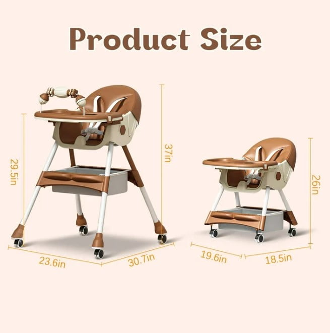 LHUAI, Foldable Baby High Chair, 4 in 1 Convertible High Chairs, With 5-Point Safety Harness, Adjustable Dining Tray & Backrest & Height, Easy To Clean Surface, For Babies And Toddlers, Brown