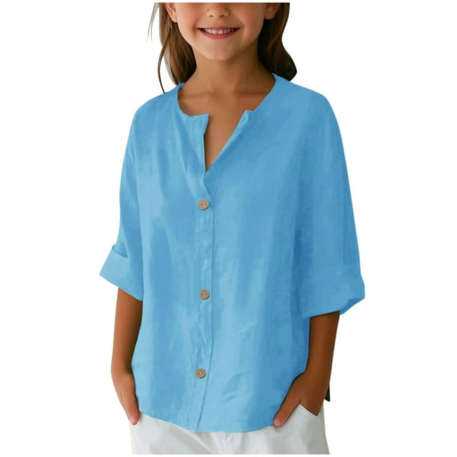 YUNAFFT Chemise Fille Boutonnée Col en V Coupe Ample Manches Trois-Quarts Mode Décontractée