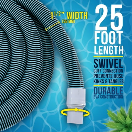 Blue 25Ft U.S. Pool Supply 1-1/2 x 25 Foot Professional Heavy Duty Spiral Wound Swimming Pool Vacuum Hose with Kink-Free Swivel Cuff, Flexible - Connect to Vacuum Heads, Skimmer, Filter Pump Inlet, Accessories