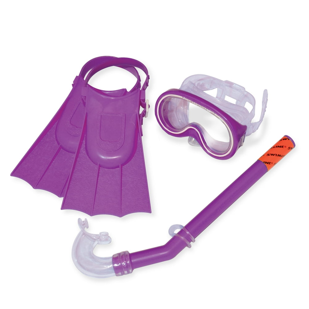 Set of 3 Purple Recreational Mask, Snorkel and Fins For Children 12.