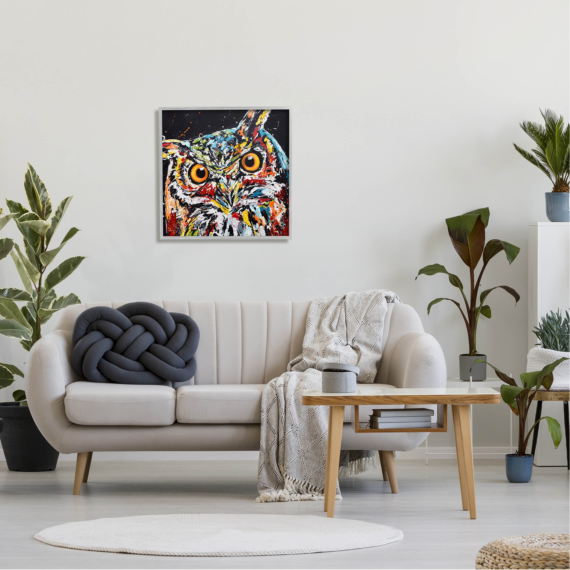Street Style Horned Owl Splatter Animals & Insects Painting Gray Framed Art Print Wall Art