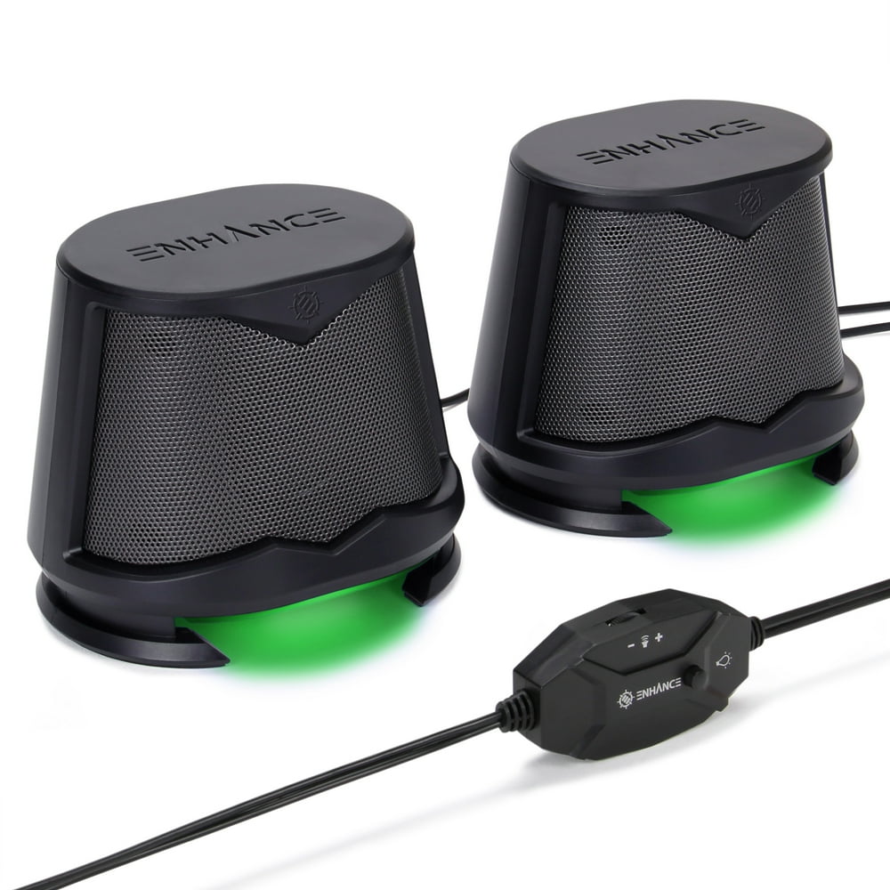 ENHANCE SB2 Computer Speakers with Green LED Glow Lights and 2.0 USB