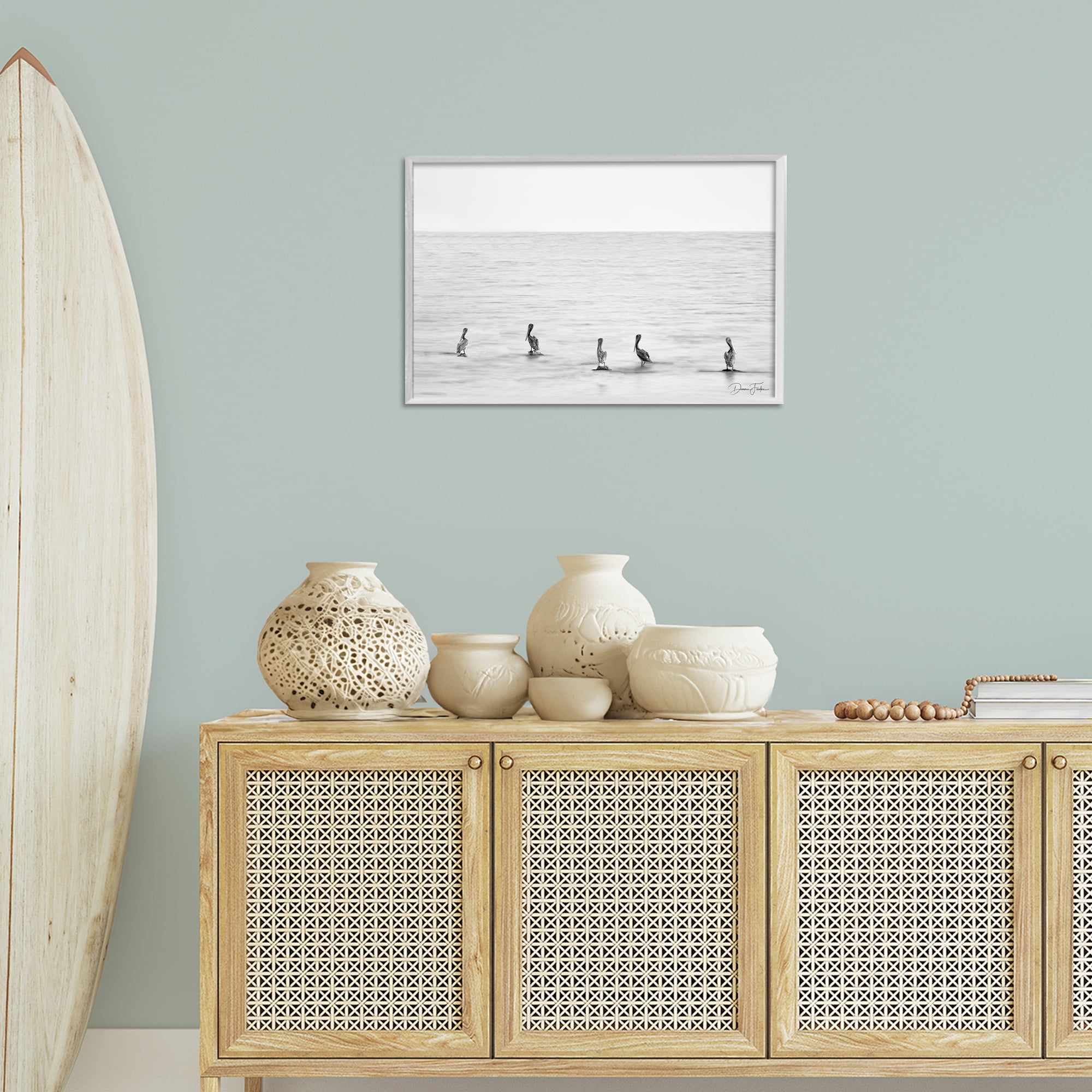 Stupell Industries Pelicans on Shore Landscape Photography White Framed Art Print Wall Art, 24 x 16