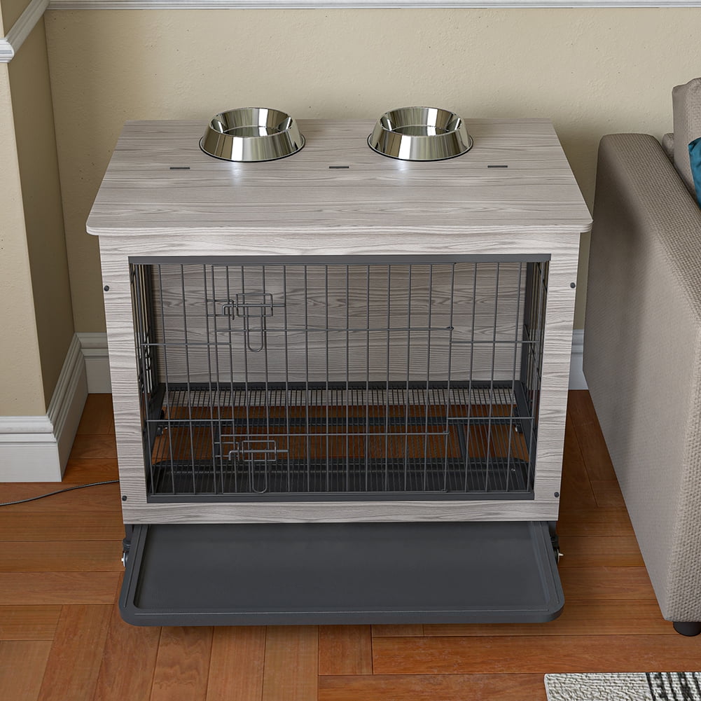 Kadyn Modern Kennel for Dogs Indoor up to 80 lb, Dog Crate Furniture, Side End Table, Heavy-Duty Dog Cage with Multi-Purpose Removable Tray, Double-Door Dog House, Gray