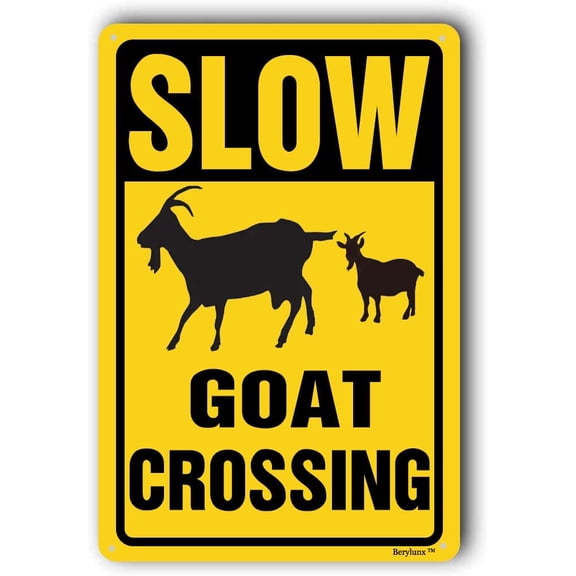 Goat Crossing Metal Sign, Funny Slow Down Traffic Sign for Yard or Wall Decor, 8 x 12 Inch