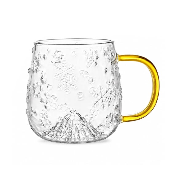 TSBIFV 15.2oz Clear Glass Cup with Yellow Handle, 450ml Transparent Drinking Mug with Snowflake and Mountain Pattern, Modern Coffee Tea Cup for Water, Juice and Daily Use