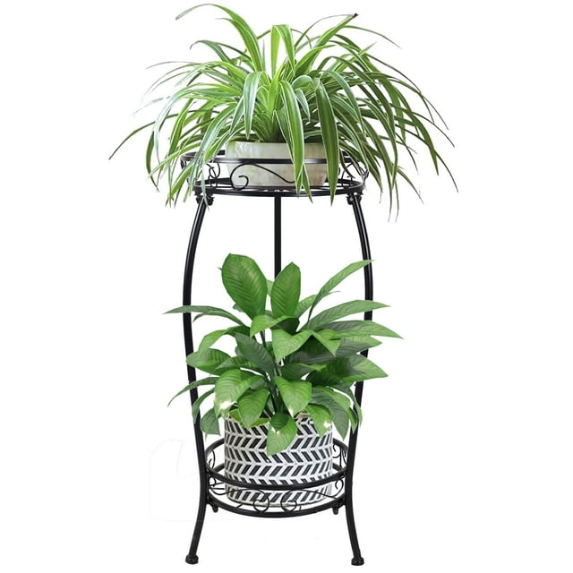 Mocory Soporte para plantas para interiores y exteriores, 2 niveles, 27 pulgadas de alto, soporte de metal para macetas, soporte para macetas, estante para plantas resistente, hierro inoxidable, múlti