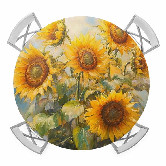 Sunflower Round Tablecloth for 36-44 Inch Tables, Fitted Table Cover with Elastic Edge, Botanical Summer Floral Watercolor Waterproof Outdoor Table Cloth Protector for Patio Garden Dinner Picnic