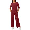 thumbnail image 6 of Womens Two Piece Outfits Casual Loose Long Sleeve Shirts And High Waisted Drawstring Shorts Tracksuit Outfits, Wine - S, 6 of 6
