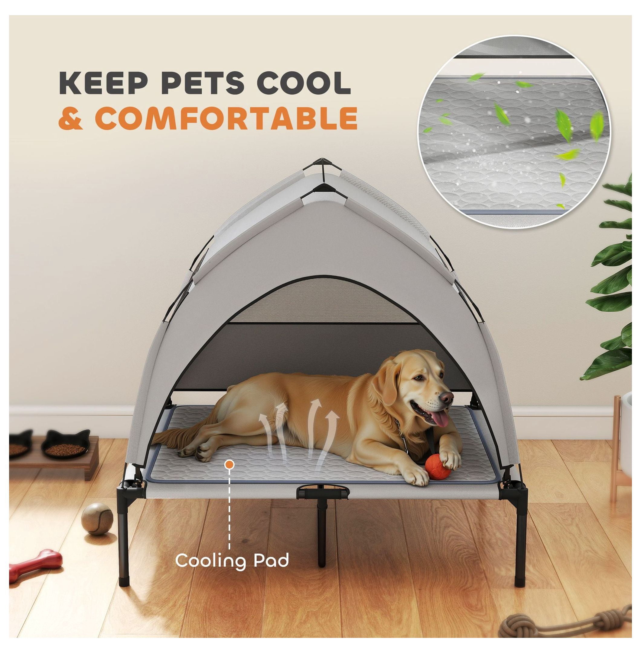 Elevated Dog Bed with Canopy, Portable Outdoor Dog Cot with Cooling Pad, 36x29.5x35in