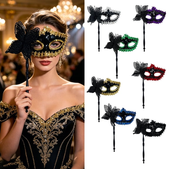 Zydvens Handheld Halloween Mask for Adults - Masquerade Mask on a Stick Sequin Lace Butterfly face mask halloween Costume Party Accessories - 1 Pk Multi Colors Choices