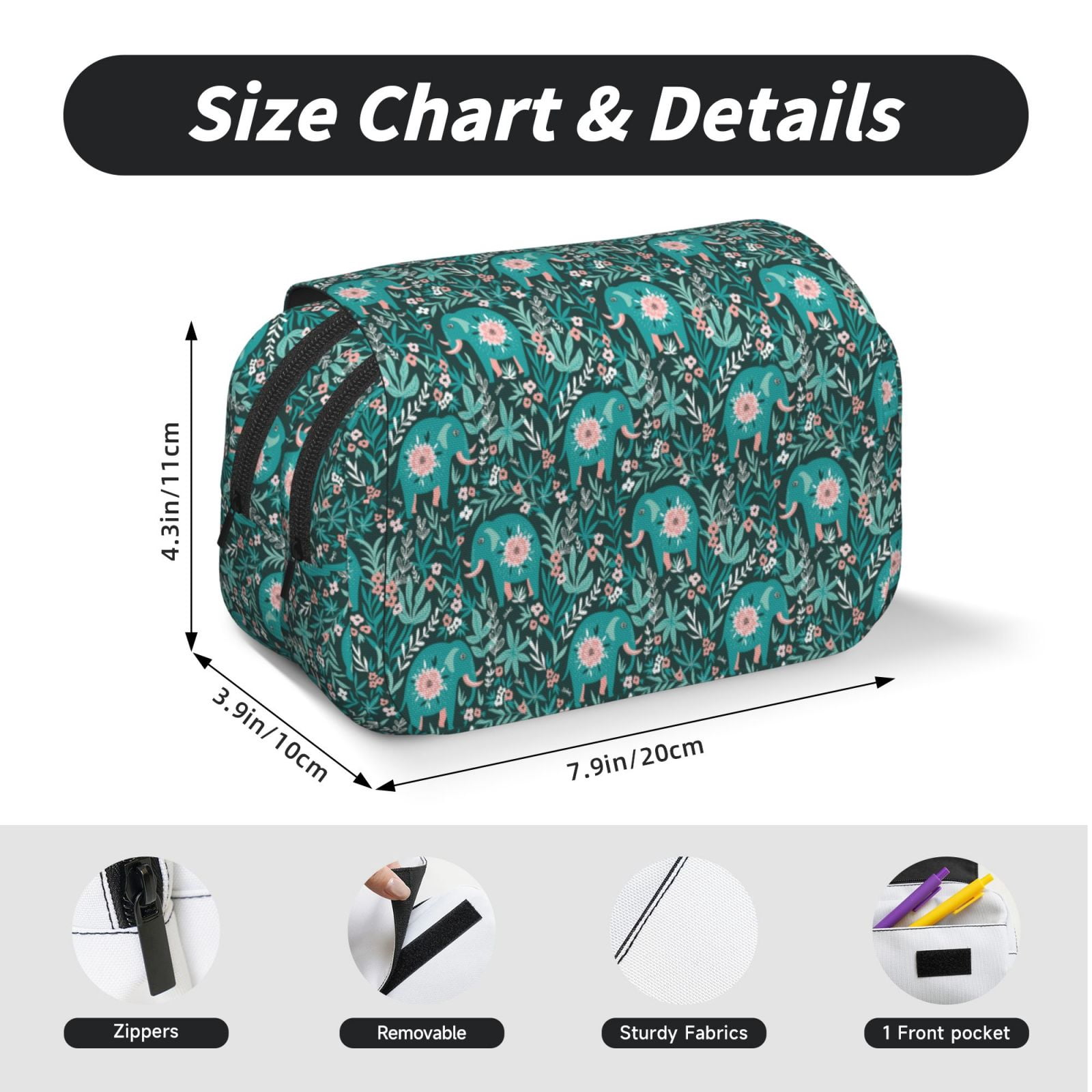 Rateoe Lephants in the Jungle Pattern Double Clamshell Pen Case, Storage Organizer with Two Zipper Compartments– Holds Up to 50 Pencils & Pens