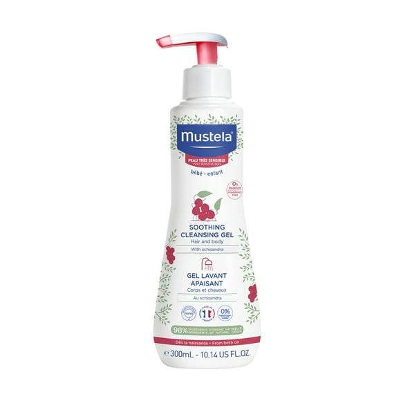 Mustela Gel Nettoyant Apaisant pour Bébé - Gel Douche et Cheveux Sans Parfum pour Peau Très Sensible - avec Avocat Naturel, Perséose et Baie de Schizandra - 10,14 fl oz