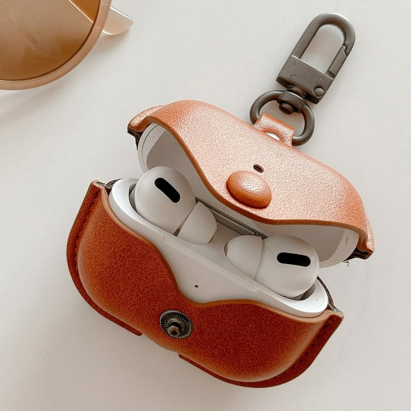 Dteck Leather Protective Cover For AirPods Pro / AirPods 3 Charging Case with Metal Keychain, Support Wireless Charging, Brown