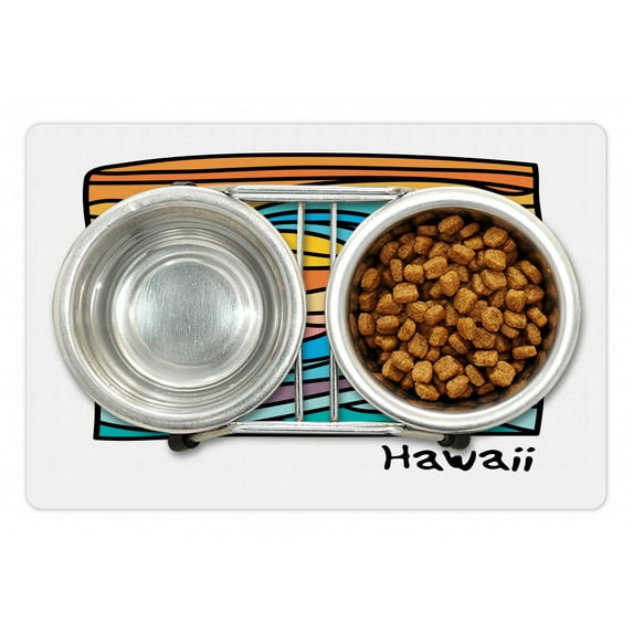 Hawaii Pet Mat for Food and Water, Abstract Ocean Waves on Beach Sunset Background Summer Surfing Theme Coastal Art, Non-Slip Rubber Mat for Dogs and Cats, 18" X 12", by Ambesonne