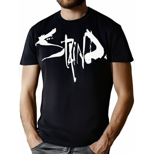 1pc Stainds Band Graphic T-Shirt for Men, 100% Cotton Crew Neck Tee, Casual Short Sleeve Knit Fabric Shirt, All-Season Regular Fit with 3D Print Design - Ideal Gift for Dad and Friends, Black, 220g
