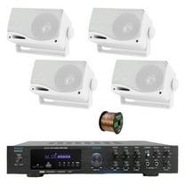 Pyle PDA8BU 5.1 Channel Home Audio Theater Bluetooth MP3/USB/SD/AUX/FM Radio Receiver, 4x 3.5" 200 Watt Peak 3-Way Indoor/Outdoor Wall Mount Audio Speakers (White), 50 ft 16 Gauge Speaker Wire